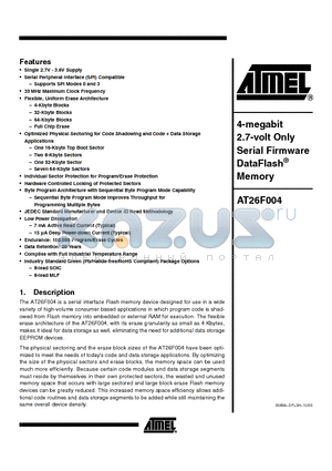 AT26F004-SU datasheet - 4-megabit 2.7-volt Only Serial Firmware DataFlash Memory