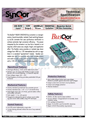 BQ50120QTA20 datasheet - Quarter-brick DC Bus Converter