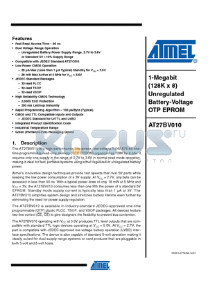 AT27BV010-90VI datasheet - 1-Megabit (128K x 8) Unregulated Battery-Voltage OTP EPROM