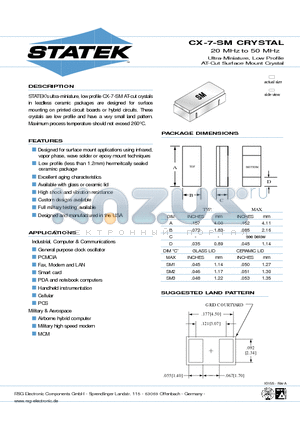 CX-7-SM datasheet - 20 MHz to 50 MHz Ultra-Miniature, Low Profile AT-Cut Surface Mount Crystal