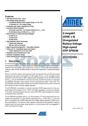 AT27BV020-90JI datasheet - 2-megabit (256K x 8) Unregulated Battery-Voltage High-speed OTP EPROM