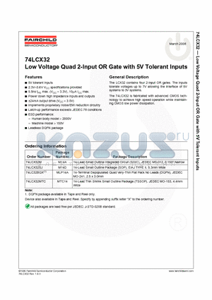 74LC32BQX_08 datasheet - Low Voltage Quad 2-Input OR Gate with 5V Tolerant Inputs