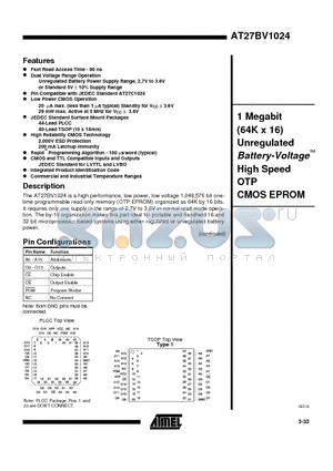 AT27BV1024-90JI datasheet - 1 Megabit 64K x 16 Unregulated Battery-Voltage High Speed OTP CMOS EPROM