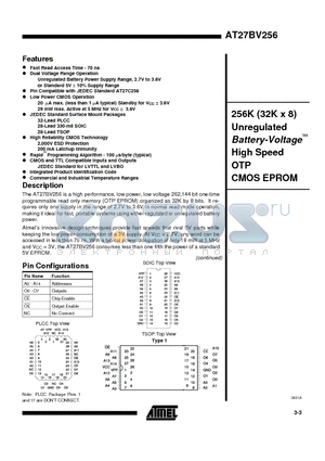 AT27BV256-70JI datasheet - 256K 32K x 8 Unregulated Battery-Voltage High Speed OTP CMOS EPROM