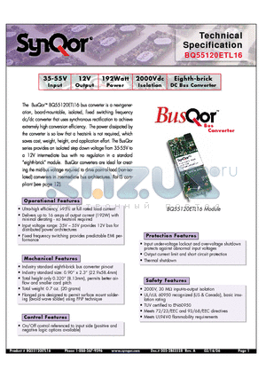 BQ55120ETL16PRS datasheet - Eighth-brick DC Bus Converter