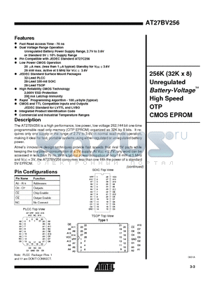 AT27BV256-70RC datasheet - 256K 32K x 8 Unregulated Battery-Voltage High Speed OTP CMOS EPROM