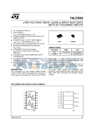 74LCX02MTR datasheet - LOW VOLTAGE CMOS QUAD 2-INPUT NOR GATE WITH 5V TOLERANT INPUTS