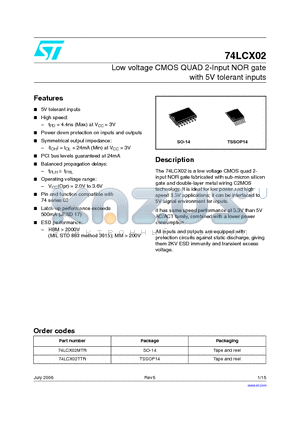 74LCX02TTR datasheet - Low voltage CMOS QUAD 2-Input NOR gate with 5V tolerant inputs