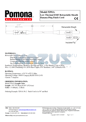 5291A-36-0 datasheet - Low Thermal EMF Retractable Sheath Banana Plug Patch Cord