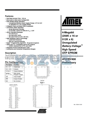 AT27BV400-12RI datasheet - 4-Megabit 256K x 16 or 512K x 8 Unregulated Battery-Voltage High Speed OTP EPROM