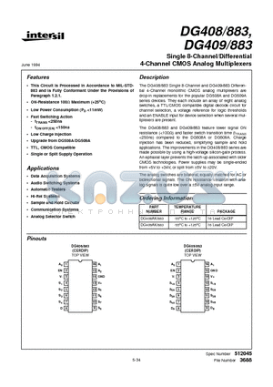 DG408AK/883 datasheet - Single 8-Channel/Differential 4-Channel CMOS Analog Multiplexers