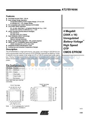 AT27BV4096-15VC datasheet - 4 Megabit 256K x 16 Unregulated Battery-Voltage High Speed OTP CMOS EPROM