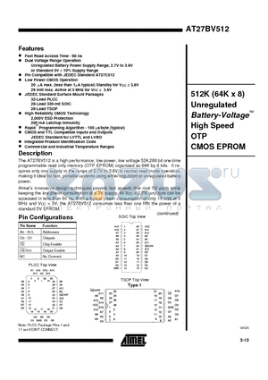 AT27BV512-15JI datasheet - 512K 64K x 8 Unregulated Battery-Voltage High Speed OTP CMOS EPROM