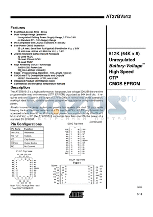 AT27BV512-15RC datasheet - 512K 64K x 8 Unregulated Battery-Voltage High Speed OTP CMOS EPROM