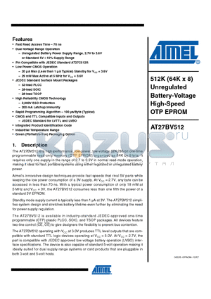 AT27BV512-70TI datasheet - 512K (64K x 8) Unregulated Battery-Voltage High-Speed OTP EPROM