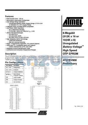 AT27BV800-15TC datasheet - 8-Megabit 512K x 16 or 1024K x 8 Unregulated Battery-Voltage High Speed OTP EPROM