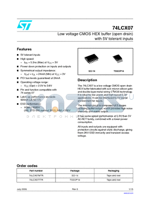 74LCX07TTR datasheet - Low voltage CMOS HEX buffer (open drain) with 5V tolerant inputs