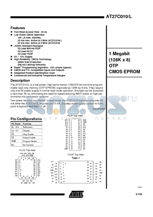 AT27C010-15JI datasheet - 1 Megabit 128K x 8 OTP CMOS EPROM