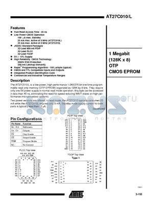 AT27C010-12JI datasheet - 1 Megabit 128K x 8 OTP CMOS EPROM