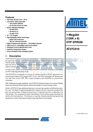 AT27C010-45PI datasheet - 1-Megabit (128K x 8) OTP EPROM