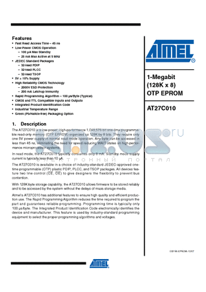 AT27C010-70TI datasheet - 1-Megabit (128K x 8) OTP EPROM