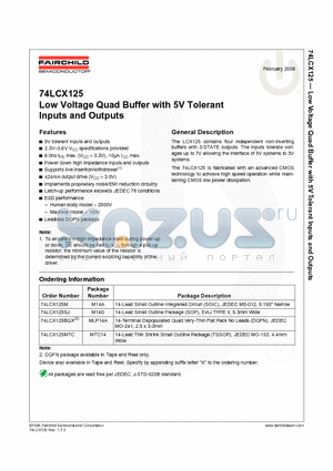 74LCX125BQX_08 datasheet - Low Voltage Quad Buffer with 5V Tolerant Inputs and Outputs