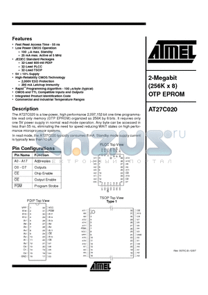 AT27C020 datasheet - 2-Megabit 256K x 8 OTP EPROM