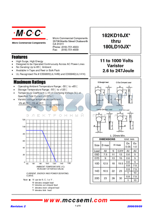 391KD10JX datasheet - 11 to 1000 Volts Varistor 2.6 to 247Joule