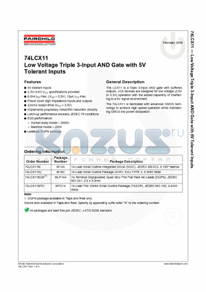 74LCX11MTCX datasheet - 74LCX11 Low Voltage Triple 3-Input AND Gate with 5V Tolerant Inputs