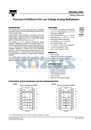 DG409LDY datasheet - Precision 8-Ch/Dual 4-Ch Low Voltage Analog Multiplexers