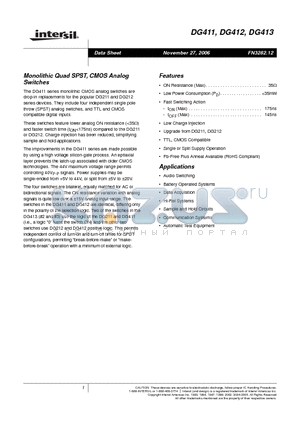 DG411 datasheet - Monolithic Quad SPST, CMOS Analog Switches