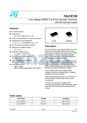 74LCX138TTR datasheet - Low voltage CMOS 3 to 8 line decoder (Inverter) with 5V tolerant inputs