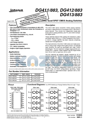 DG411883 datasheet - Monolithic Quad SPST CMOS Analog Switches