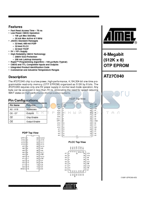 AT27C040-15JC datasheet - 4-Megabit 512K x 8 OTP EPROM