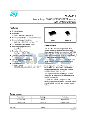 74LCX14TTR datasheet - Low voltage CMOS HEX SCHMITT inverter with 5V tolerant inputs