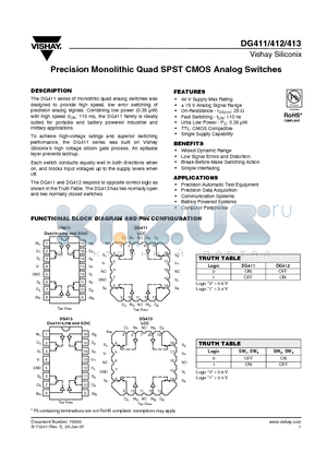 DG411DY-T1-E3 datasheet - Precision Monolithic Quad SPST CMOS Analog Switches