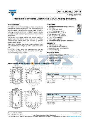 DG411DY-T1-E3 datasheet - Precision Monolithic Quad SPST CMOS Analog Switches