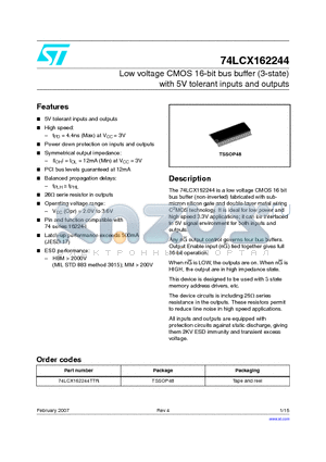 74LCX162244 datasheet - Low voltage CMOS 16-bit bus buffer (3-state) with 5V tolerant inputs and outputs