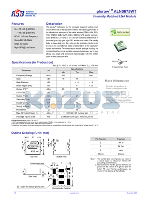 ALN0675WT datasheet - Internally Matched LNA Module