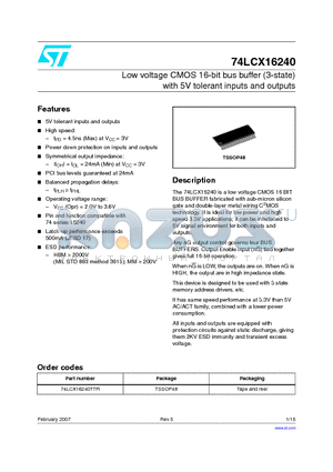 74LCX16240TTR datasheet - Low voltage CMOS 16-bit bus buffer (3-state) with 5V tolerant inputs and outputs