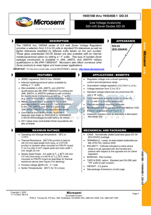 1N5530 datasheet - Low Voltage Avalanche 500 mW Zener Diodes DO-35