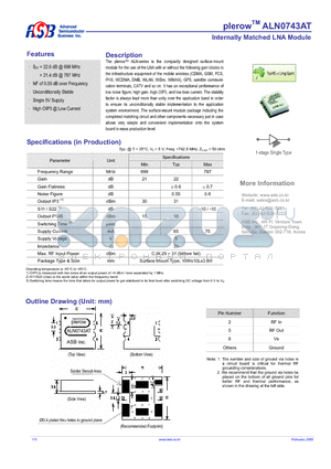 ALN0743AT datasheet - Internally Matched LNA Module