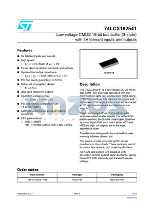 74LCX162541TTR datasheet - Low voltage CMOS 16-bit bus buffer with 5V tolerant inputs and outputs