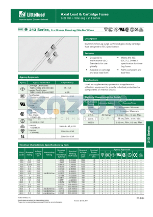 0213001.MXP datasheet - 213 Series, 5 x 20 mm, Time-Lag (Slo-Blo^) Fuse