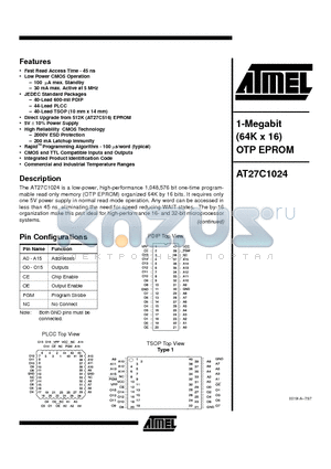 AT27C1024-55VC datasheet - 1-Megabit 64K x 16 OTP EPROM