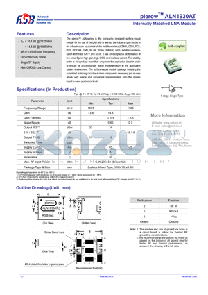 ALN1930AT datasheet - Internally Matched LNA Module