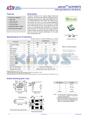 ALN1945T2 datasheet - Internally Matched LNA Module