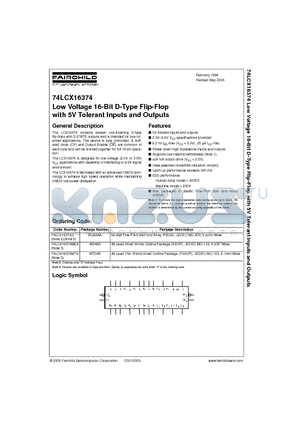 74LCX16374MTD datasheet - Low Voltage 16-Bit D-Type Flip-Flop with 5V Tolerant Inputs and Outputs