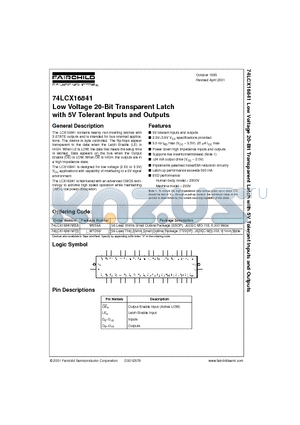74LCX16841MEA datasheet - Low Voltage 20-Bit Transparent Latch with 5V Tolerant Inputs and Outputs