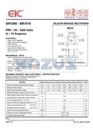 BR1004 datasheet - SILICON BRIDGE RECTIFIERS